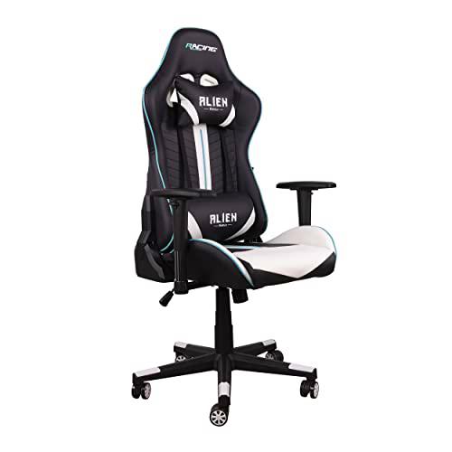 RACING BERGNER | Silla Gaming Alien Edition | 57 x 71 x 135-145 cm | Silla Ergonómica con Almohada Cervical y Reposabrazos | Silla de Escritorio Reclinable | Color Blanco y Negro | Máx 120 kg