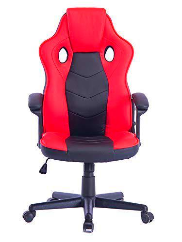HOGAR24 ES | Silla Gaming | Silla de Ordenador Oficina | Ergonómica para Gamers Especial Videojuegos | Piel Sintética Acolchada | Altura e Inclinación Ajustables | Color Negro y Rojo