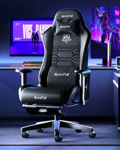 AutoFull C3 Silla Gaming Silla Gamer Ergonómica Silla Oficina Cuero de PU Silla,Altura e inclinación Ajustables,Reposacabezas y Soporte Lumbar,Reposapiés(Garantía de 3 años) (Negro-1)
