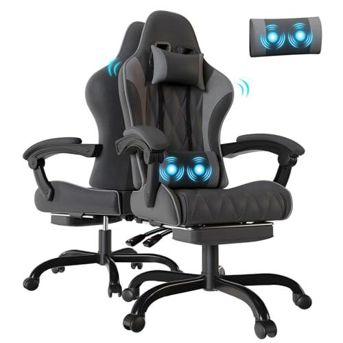 Flamaker Silla Gaming con Masajeador y Reposapiés, Silla de Oficina Ergonómico de Tela con reposabrazos Linkage