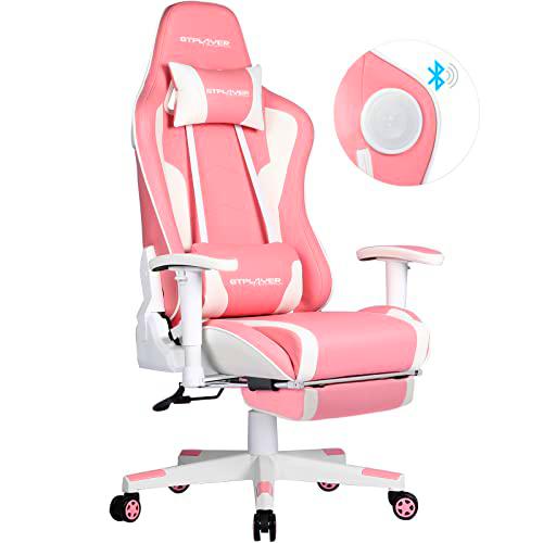 GTPLAYER Silla Gaming con Altavoz Bluetooth Reposapies Escritorio Oficina Gamer Ergonomica con Cojín Reposabrazos 3D Ajustables Respaldo Reclinable Multifuncional Rosado