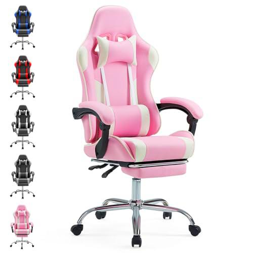 Sweetcrispy Silla de Escritorio para Videojuegos - Silla ergonómica para Ordenador con reposapiés y cómodo Soporte Lumbar