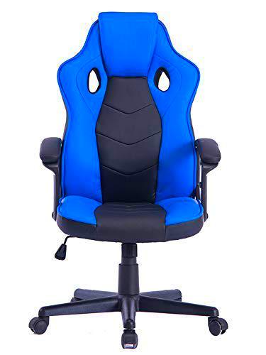 HOGAR24 ES | Silla Gaming | Silla de Ordenador Oficina | Ergonómica para Gamers Especial Videojuegos | Piel Sintética Acolchada | Altura e Inclinación Ajustables | Color Negro y Azul