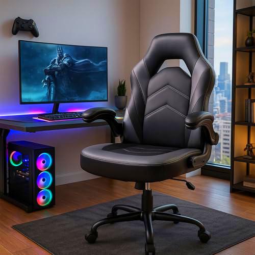 DUMOS Silla para Videojuegos ergonómica, Silla de Juegos giratoria Ajustable de Piel sintética con reposabrazos Plegables