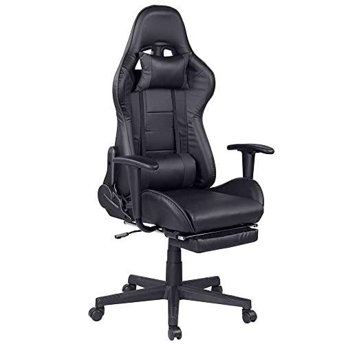 BAKAJI Silla para Gaming de Oficina o casa de Piel sintética con Respaldo reclinable y cojín Lumbar Giratorio 360 Grados dirección Altura Regulable Base 5 Ruedas (Negro con reposapies)