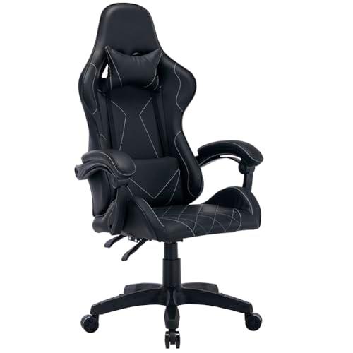BAKAJI Silla para Gaming de Oficina o casa de Piel sintética con Respaldo reclinable y cojín Lumbar Giratorio 360 Grados dirección Altura Regulable Base 5 Ruedas con reposapiés (Negro)