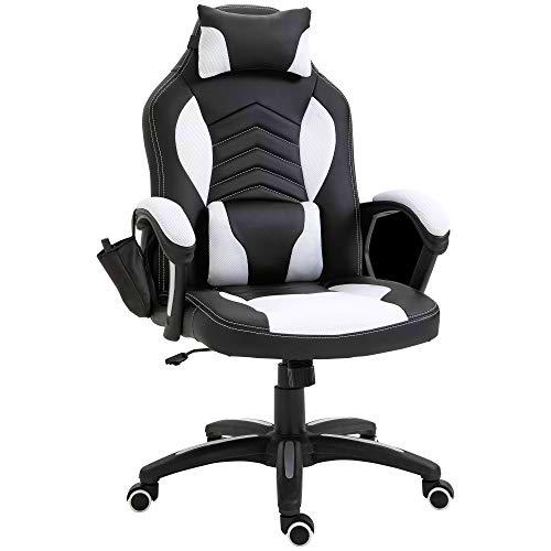 HOMCOM Gaming Silla de Oficina y Giratoria con 6 Puntos de Masaje y Calefacción Tipo Sillón de Escritorio Silla Gamer para PC 68x69x108-117cm (Negro y Blanco)